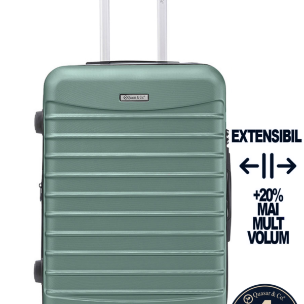Troler mediu extensibil Quasar & Co.®, 66x45x28-33cm, bagaj de cala, troller avion cu fermoar antifurt, cifru, maner telescopic, geamantan cu 4 roti duble silentioase 360°, valiza ABS 2.8 mm, 2 compartimente cu buzunar, LINE,Turcoaz deschis