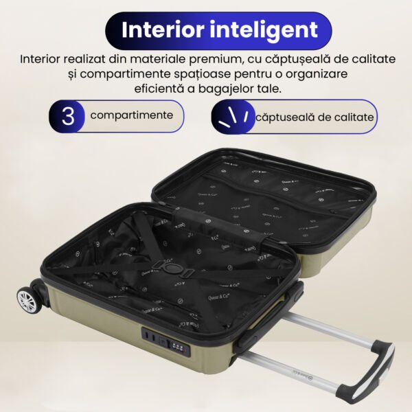 Troler cabina avion Quasar & Co.®, 55x35x20cm, bagaj de mana, troller cu fermoar antifurt, cifru, maner telescopic lung, geamantan cu 4 roti duble silentioase 360°, valiza ABS 2.8 mm, rezistent, 2 compartimente cu buzunar, 10kg, Smart, Sampanie - imagine 7