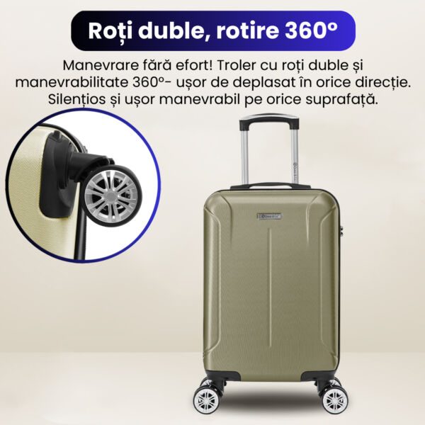 Troler cabina avion Quasar & Co.®, 55x35x20cm, bagaj de mana, troller cu fermoar antifurt, cifru, maner telescopic lung, geamantan cu 4 roti duble silentioase 360°, valiza ABS 2.8 mm, rezistent, 2 compartimente cu buzunar, 10kg, Smart, Sampanie - imagine 8