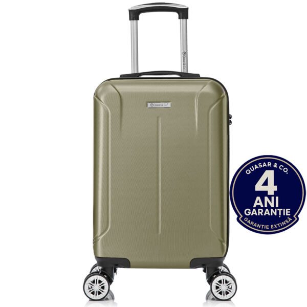 Troler cabina avion Quasar & Co.®, 55x35x20cm, bagaj de mana, troller cu fermoar antifurt, cifru, maner telescopic lung, geamantan cu 4 roti duble silentioase 360°, valiza ABS 2.8 mm, rezistent, 2 compartimente cu buzunar, 10kg, Smart, Sampanie Trolere cabina 2026-04-18 2