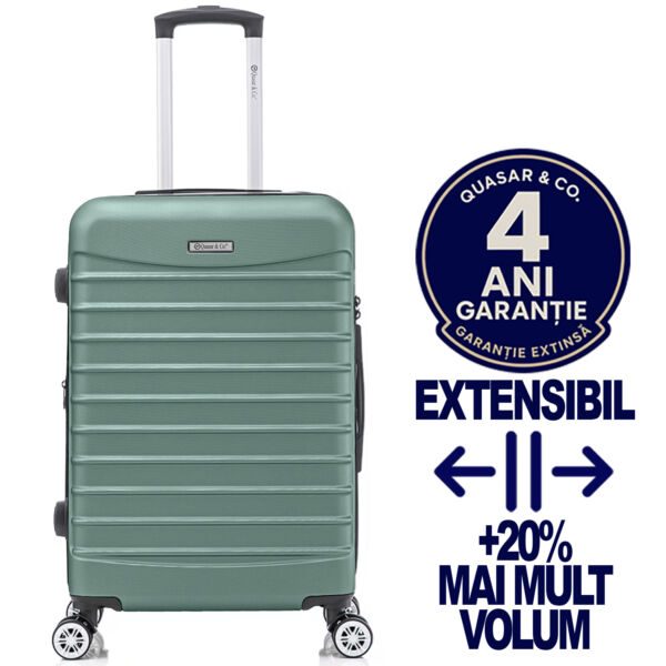 Troler mediu extensibil Quasar & Co.®, 66x41x26-31cm, bagaj de cala, troller avion cu fermoar antifurt, cifru, maner telescopic, geamantan cu 4 roti duble silentioase 360°, valiza ABS 2.8 mm, 2 compartimente cu buzunar, LINE,Turcoaz deschis Trolere medii 2026-04-18 2