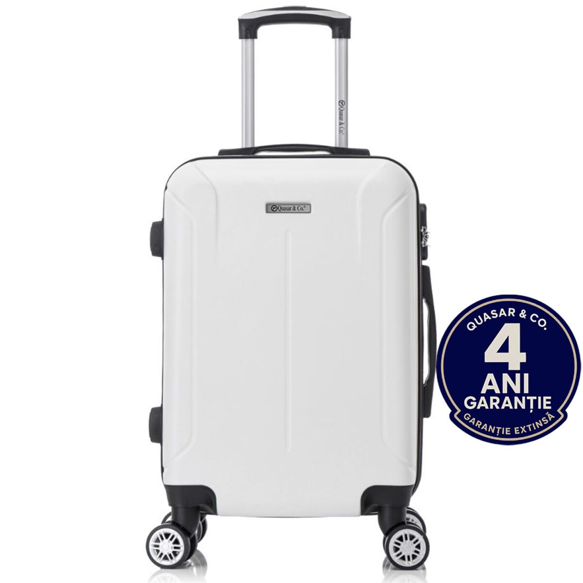 Troler cabina avion Quasar & Co.®, 55x37x20cm, bagaj de mana, troller cu fermoar antifurt, cifru, maner telescopic lung, geamantan cu 4 roti duble silentioase 360°, valiza ABS 2.8 mm, rezistent, 2 compartimente cu buzunar, 10kg, Smart, Alb