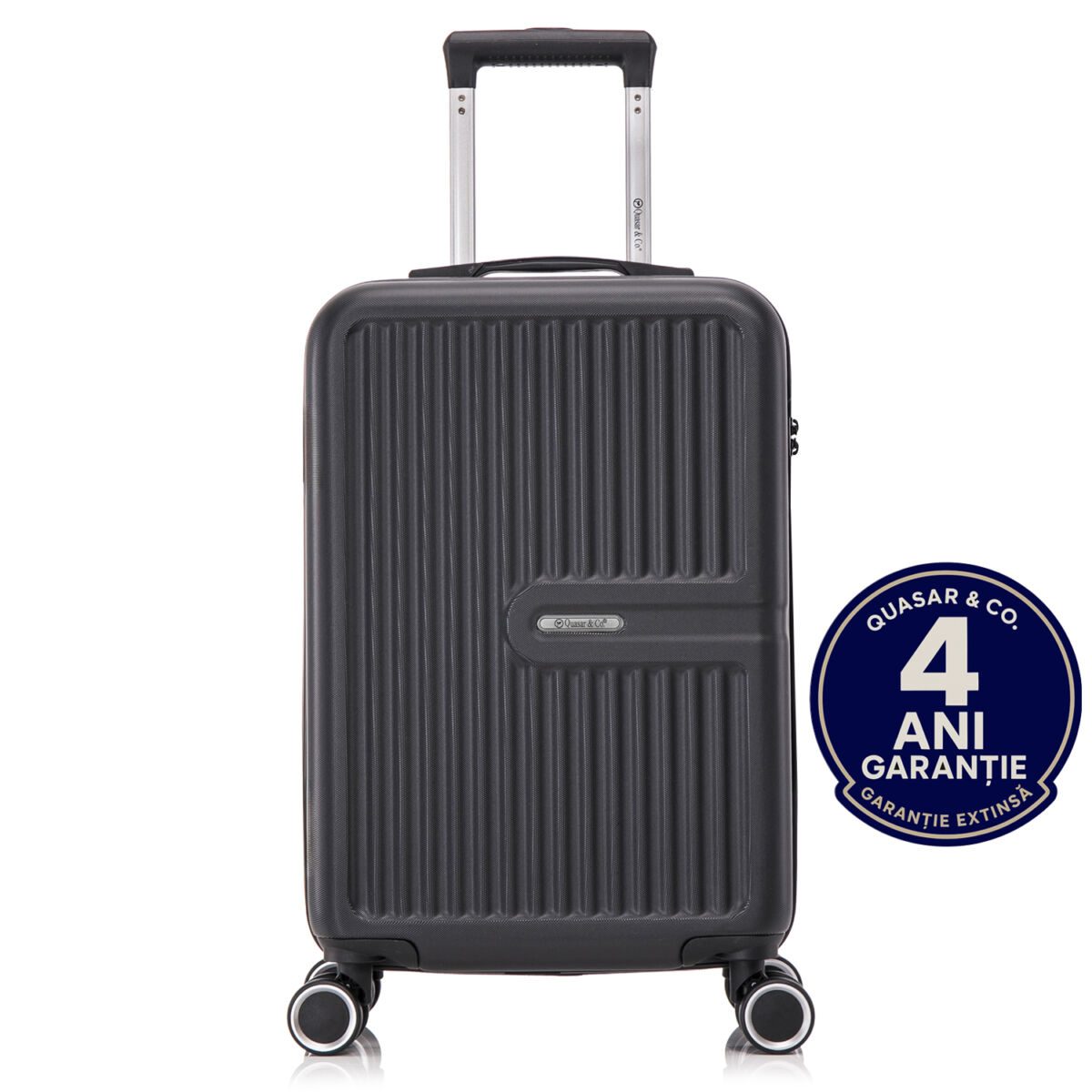 Troler cabina avion Quasar & Co.®, 55x37x20cm, bagaj de mana, troller cu fermoar antifurt, cifru, maner telescopic lung, geamantan cu 4 roti duble silentioase 360°, valiza ABS 2.8 mm, rezistent, 2 compartimente cu buzunar, 10kg, Platinum, Negru