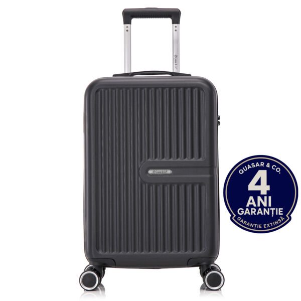 Troler cabina avion Quasar & Co.®, 55x37x20cm, bagaj de mana, troller cu fermoar antifurt, cifru, maner telescopic lung, geamantan cu 4 roti duble silentioase 360°, valiza ABS 2.8 mm, rezistent, 2 compartimente cu buzunar, 10kg, Platinum, Negru Trolere cabina 2026-04-18 2