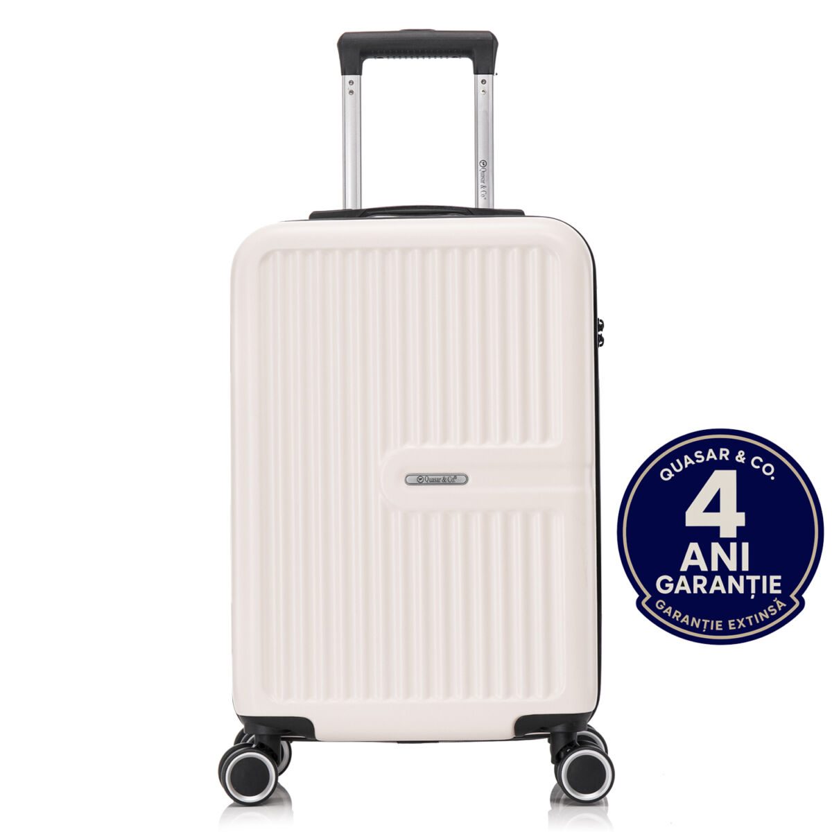 Troler cabina avion Quasar & Co.®, 55x37x20cm, bagaj de mana, troller cu fermoar antifurt, cifru, maner telescopic lung, geamantan cu 4 roti duble silentioase 360°, valiza ABS 2.8 mm, rezistent, 2 compartimente cu buzunar, 10kg, Platinum, Ivoire