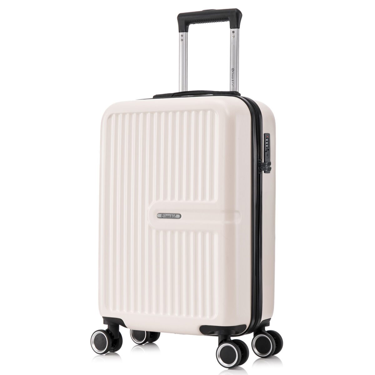Troler cabina avion Quasar & Co.®, 55x37x20cm, bagaj de mana, troller cu fermoar antifurt, cifru, maner telescopic lung, geamantan cu 4 roti duble silentioase 360°, valiza ABS 2.8 mm, rezistent, 2 compartimente cu buzunar, 10kg, Platinum, Ivoire 2