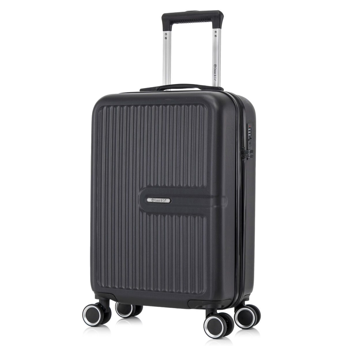 Troler cabina avion Quasar & Co.®, 55x37x20cm, bagaj de mana, troller cu fermoar antifurt, cifru, maner telescopic lung, geamantan cu 4 roti duble silentioase 360°, valiza ABS 2.8 mm, rezistent, 2 compartimente cu buzunar, 10kg, Platinum, Negru 2