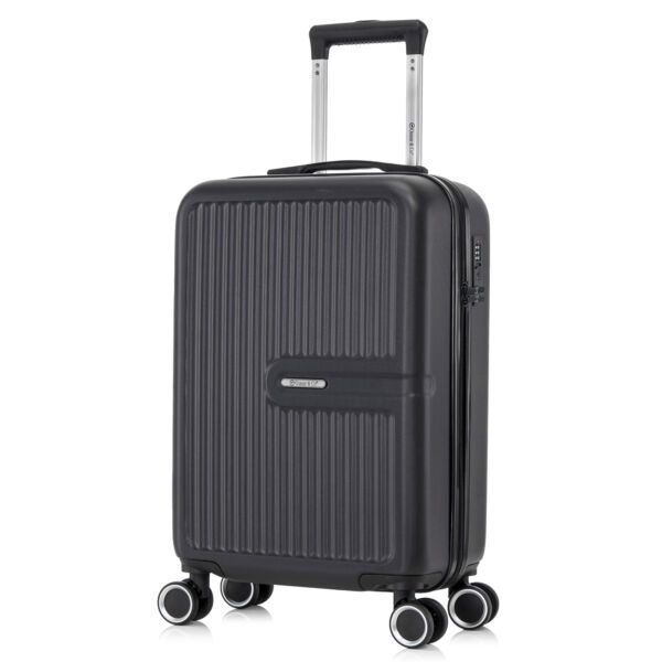 Troler cabina avion Quasar & Co.®, 55x37x20cm, bagaj de mana, troller cu fermoar antifurt, cifru, maner telescopic lung, geamantan cu 4 roti duble silentioase 360°, valiza ABS 2.8 mm, rezistent, 2 compartimente cu buzunar, 10kg, Platinum, Negru Trolere cabina 2026-04-18