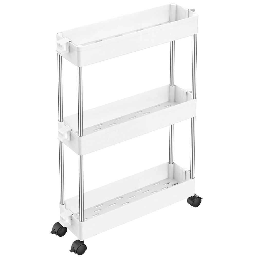 42041021.2 Raft depozitare pentru baie, Quasar & Co.®, cu roti, 3 polite, pentru spatii inguste, dreptunghiular, 40x12x61 cm, ABS/otel inoxidabil, alb