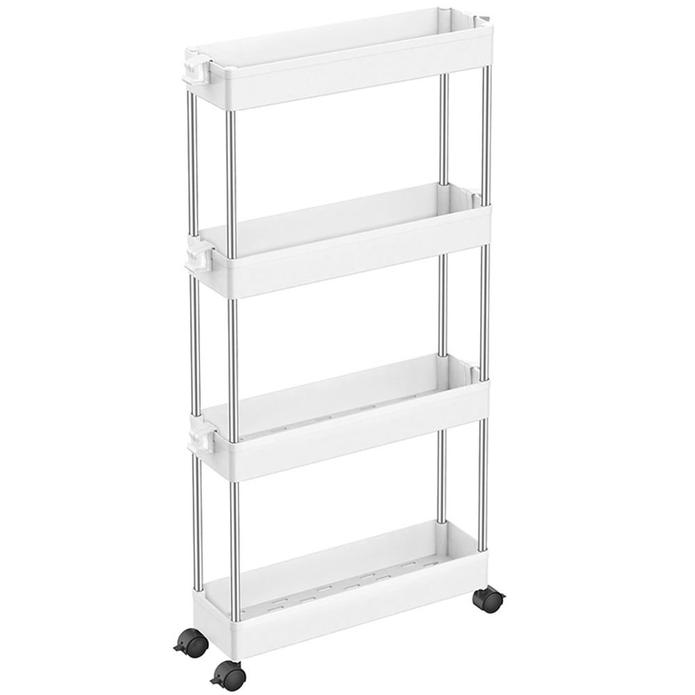 Raft depozitare pentru baie, Quasar & Co.®, cu roti, 4 polite, pentru spatii inguste, dreptunghiular, 40x12x86.4 cm, ABS/otel inoxidabil, alb