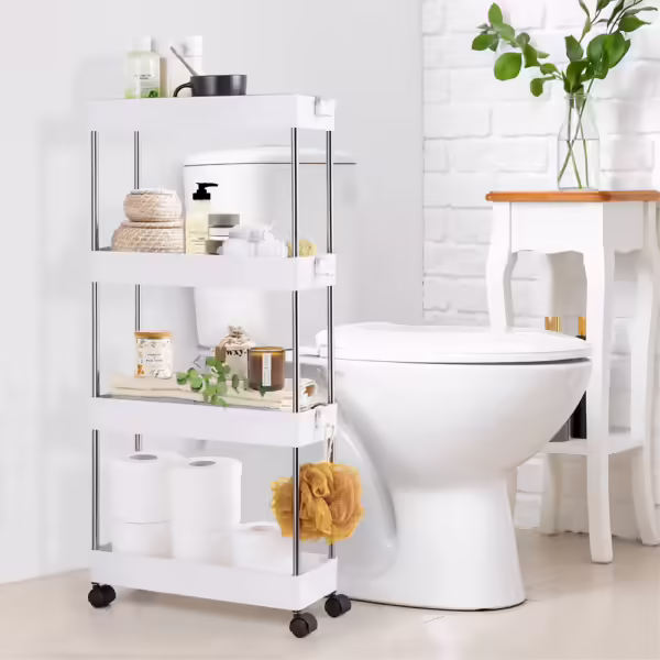 Raft depozitare pentru baie, Quasar & Co.®, cu roti, 4 polite, pentru spatii inguste, dreptunghiular, 40x12x86.4 cm, ABS/otel inoxidabil, alb - imagine 5