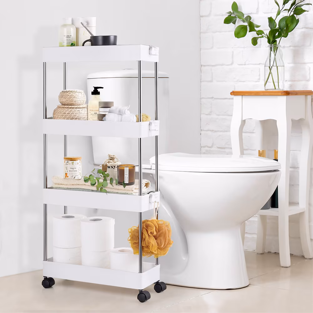 Raft depozitare pentru baie, Quasar & Co.®, cu roti, 4 polite, pentru spatii inguste, dreptunghiular, 40x12x86.4 cm, ABS/otel inoxidabil, alb 5