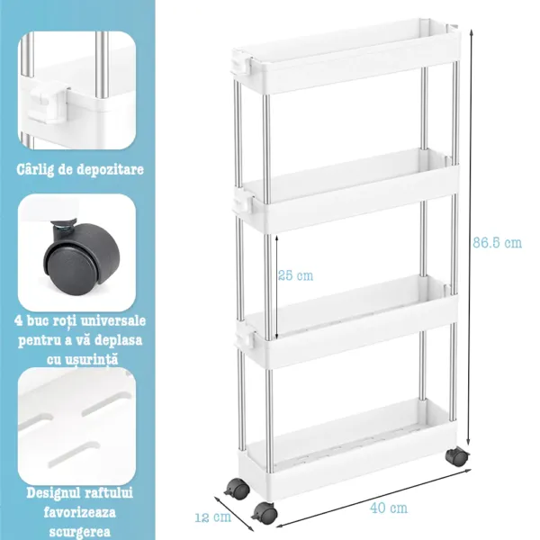 Raft depozitare pentru baie, Quasar & Co.®, cu roti, 4 polite, pentru spatii inguste, dreptunghiular, 40x12x86.4 cm, ABS/otel inoxidabil, alb - imagine 3