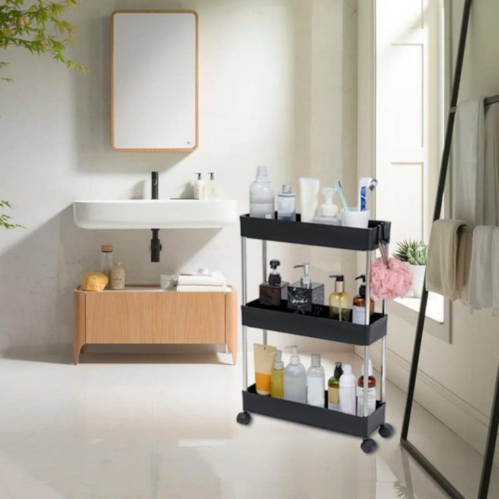 Raft depozitare pentru baie, Quasar & Co.®, cu roti, 3 polite, pentru spatii inguste, dreptunghiular, 40x12x61 cm, ABS/otel inoxidabil, negru 3 Raft depozitare pentru baie, Quasar & Co.®, cu roti, 3 polite, pentru spatii inguste, dreptunghiular, 40x12x61 cm, ABS/otel inoxidabil, negru 3