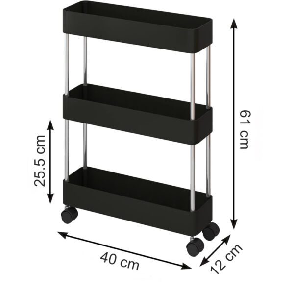 Raft depozitare pentru baie, Quasar & Co.®, cu roti, 3 polite, pentru spatii inguste, dreptunghiular, 40x12x61 cm, ABS/otel inoxidabil, negru - imagine 6
