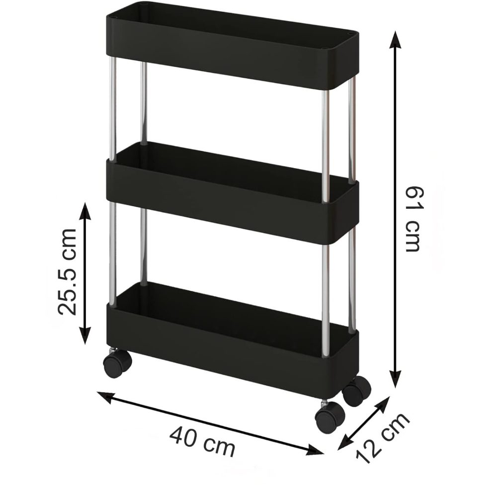 Raft depozitare pentru baie, Quasar & Co.®, cu roti, 3 polite, pentru spatii inguste, dreptunghiular, 40x12x61 cm, ABS/otel inoxidabil, negru 6 Raft depozitare pentru baie, Quasar & Co.®, cu roti, 3 polite, pentru spatii inguste, dreptunghiular, 40x12x61 cm, ABS/otel inoxidabil, negru 6