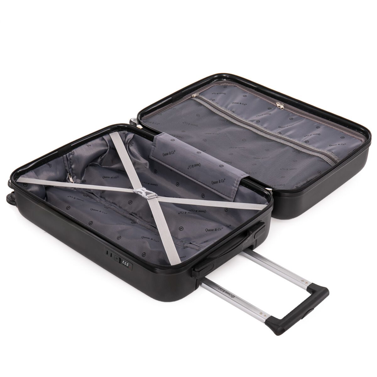Troler cabina avion Quasar & Co.®, 55x37x20cm, bagaj de mana, troller cu fermoar antifurt, cifru, maner telescopic lung, geamantan cu 4 roti duble silentioase 360°, valiza ABS 2.8 mm, rezistent, 2 compartimente cu buzunar, 10kg, Platinum, Negru 6