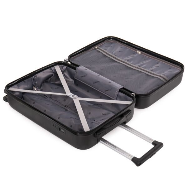 Troler cabina avion Quasar & Co.®, 55x37x20cm, bagaj de mana, troller cu fermoar antifurt, cifru, maner telescopic lung, geamantan cu 4 roti duble silentioase 360°, valiza ABS 2.8 mm, rezistent, 2 compartimente cu buzunar, 10kg, Platinum, Negru - imagine 6