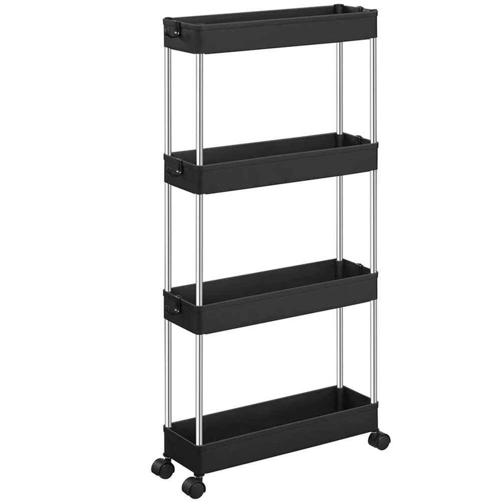 Raft depozitare pentru baie, Quasar & Co.®, cu roti, 4 polite, pentru spatii inguste, dreptunghiular, 40x12x86.5 cm, ABS/otel inoxidabil, negru