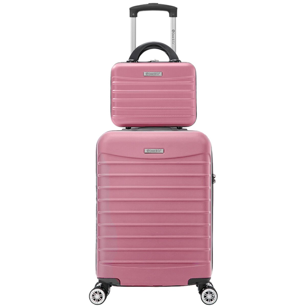 Set troler cabina cu geanta cosmetice Quasar & Co.®, valiza cabina avion, 55x36x20/28x22x14cm, 4 roti duble 360°, bagaj de mana, troller cu fermoar antifurt, cifru, maner telescopic lung, geamantan ABS 2.8 mm, LINE, Roz pudrat