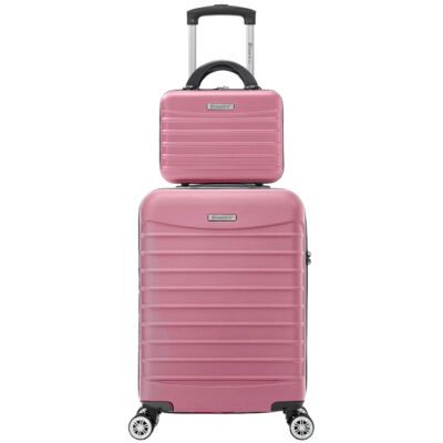 Set troler cabina cu geanta cosmetice Quasar & Co.®, valiza cabina avion, 55x36x20/28x22x14cm, 4 roti duble 360°, bagaj de mana, troller cu fermoar antifurt, cifru, maner telescopic lung, geamantan ABS 2.8 mm, LINE, Roz pudrat 12