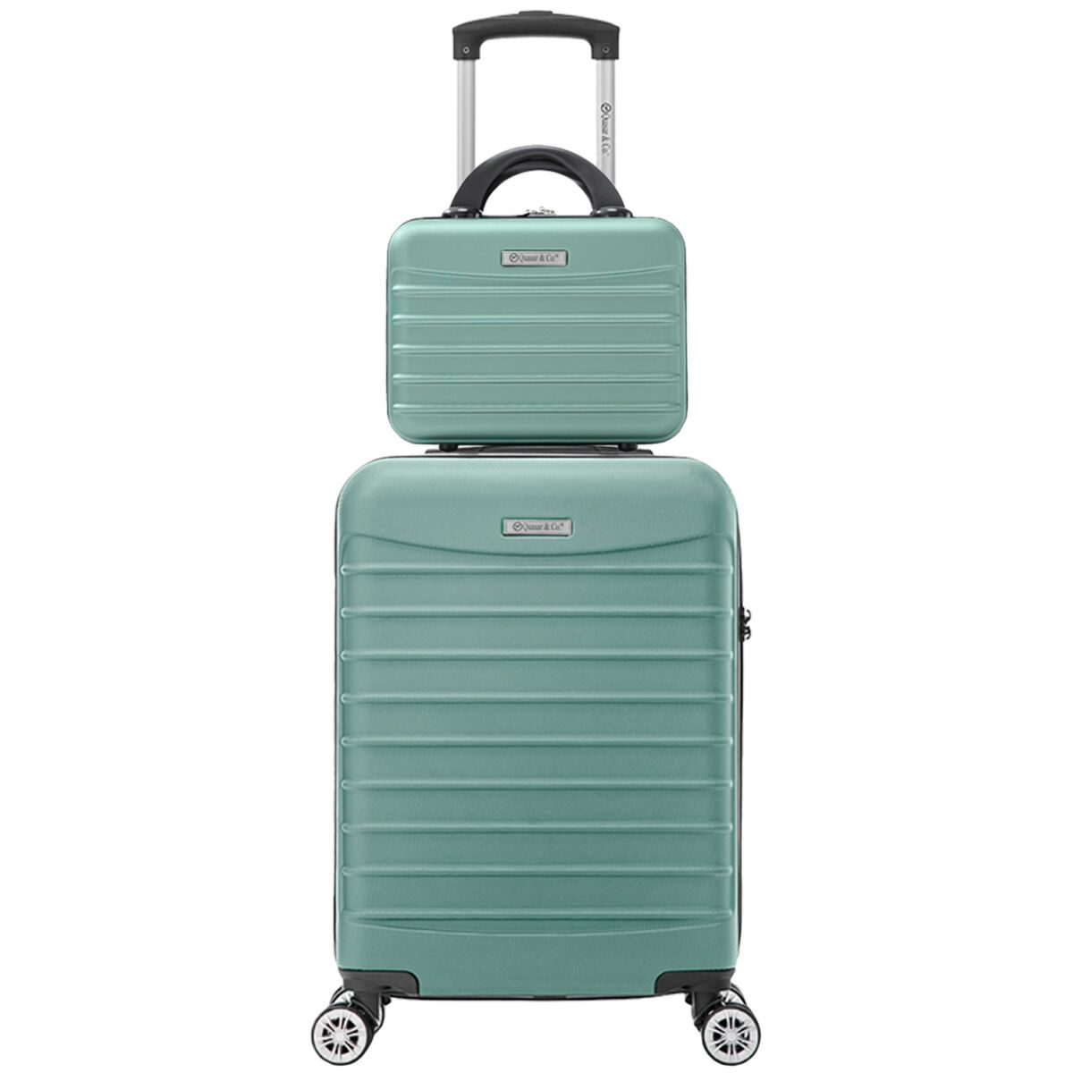 Set troler cabina cu geanta cosmetice Quasar & Co.®, valiza cabina avion, 55x36x20/28x22x14cm, 4 roti duble 360°, bagaj de mana, troller cu fermoar antifurt, cifru, maner telescopic lung, geamantan ABS 2.8 mm, LINE, Turcoaz deschis