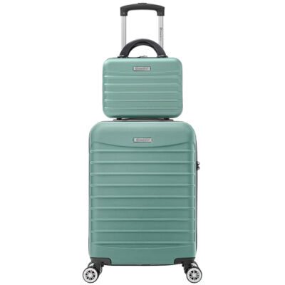 Set troler cabina cu geanta cosmetice Quasar & Co.®, valiza cabina avion, 55x36x20/28x22x14cm, 4 roti duble 360°, bagaj de mana, troller cu fermoar antifurt, cifru, maner telescopic lung, geamantan ABS 2.8 mm, LINE, Turcoaz deschis 12