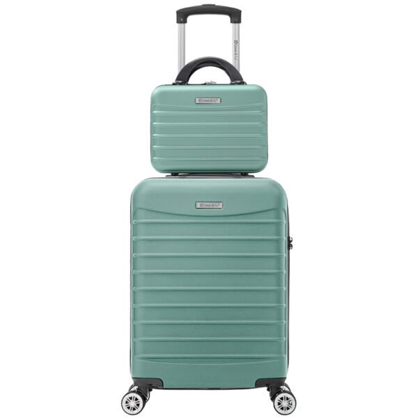 Set troler cabina cu geanta cosmetice Quasar & Co.®, valiza cabina avion, 55x36x20/28x22x14cm, 4 roti duble 360°, bagaj de mana, troller cu fermoar antifurt, cifru, maner telescopic lung, geamantan ABS 2.8 mm, LINE, Turcoaz deschis - imagine 1