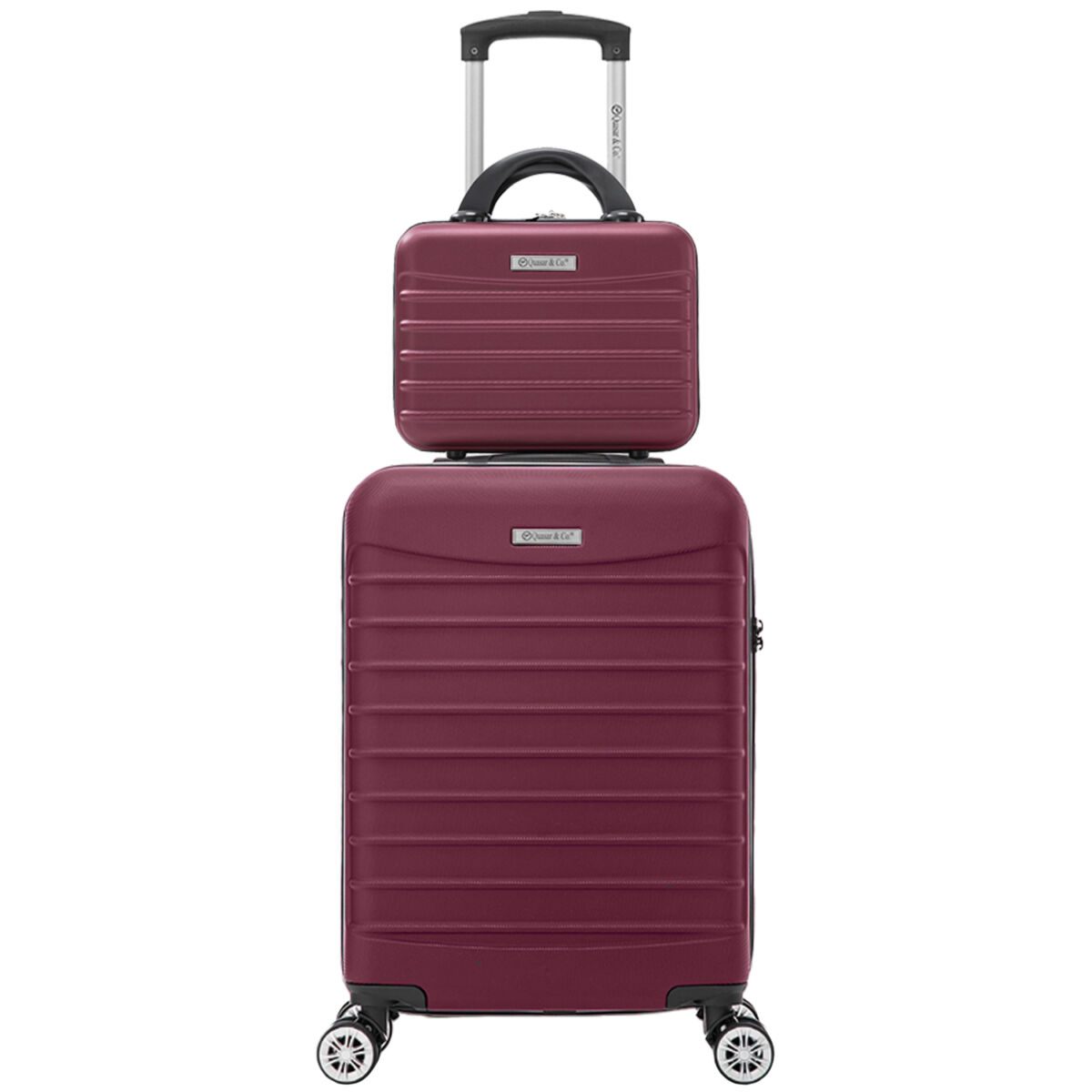 1 Set troler cabina cu geanta cosmetice Quasar & Co.®, valiza cabina avion, 55x36x20/28x22x14cm, 4 roti duble 360°, bagaj de mana, troller cu fermoar antifurt, cifru, maner telescopic lung, geamantan ABS 2.8 mm, LINE, Visiniu