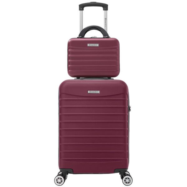 Set troler cabina cu geanta cosmetice Quasar & Co.®, valiza cabina avion, 55x36x20/28x22x14cm, 4 roti duble 360°, bagaj de mana, troller cu fermoar antifurt, cifru, maner telescopic lung, geamantan ABS 2.8 mm, LINE, Visiniu - imagine 1