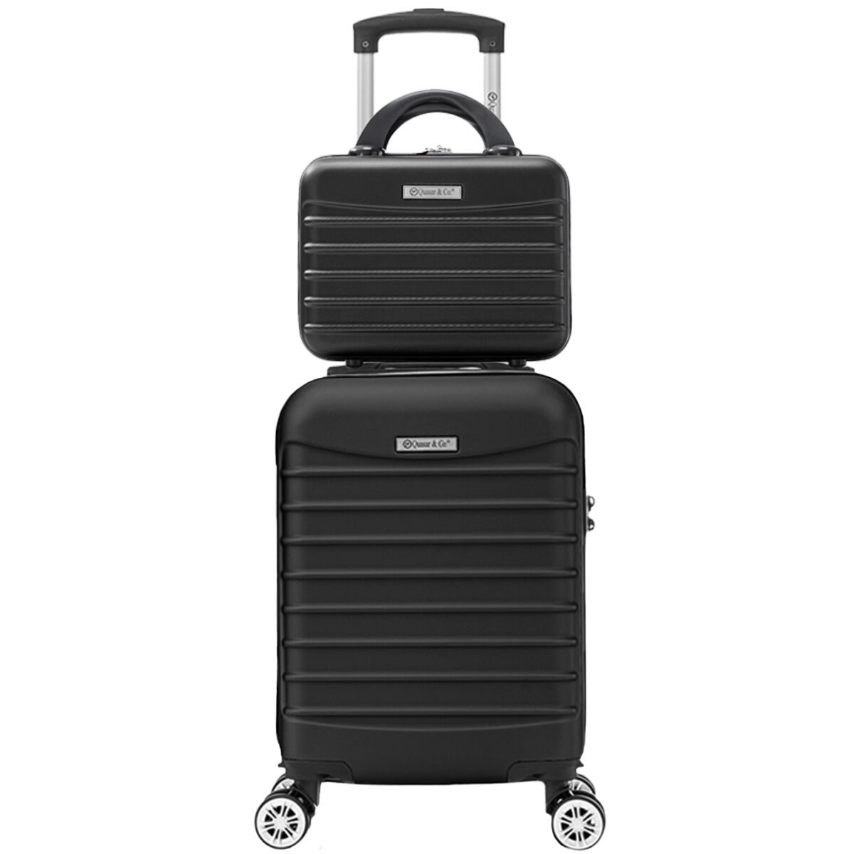 Set troler cabina cu geanta cosmetice Quasar & Co.®, valiza cabina avion, 40x30x20cm/28x22x14cm, 4 roti duble detasabile 360°, bagaj de mana, troller cu fermoar antifurt, cifru, maner telescopic lung, geamantan ABS 2.8 mm, LINE, Negru