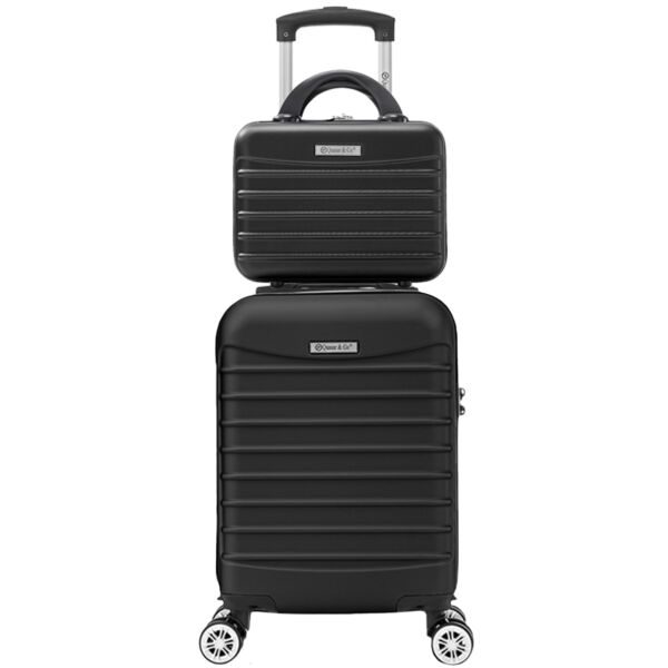 Set troler cabina cu geanta cosmetice Quasar & Co.®, valiza cabina avion, 40x30x20cm/28x22x14cm, 4 roti duble detasabile 360°, bagaj de mana, troller cu fermoar antifurt, cifru, maner telescopic lung, geamantan ABS 2.8 mm, LINE, Negru - imagine 1