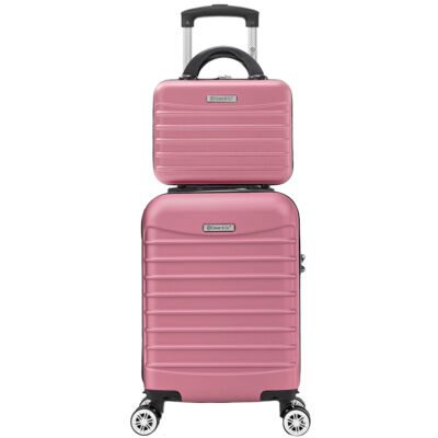 Set troler cabina cu geanta cosmetice Quasar & Co.®, valiza cabina avion, 40x30x20cm/28x22x14cm, 4 roti duble detasabile 360°, bagaj de mana, troller cu fermoar antifurt, cifru, maner telescopic lung, geamantan ABS 2.8 mm, LINE, Roz pudrat 11