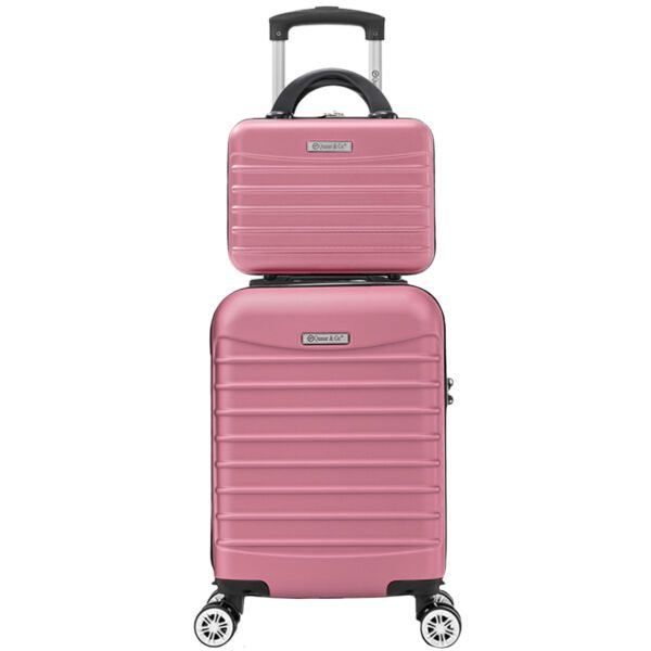 Set troler cabina cu geanta cosmetice Quasar & Co.®, valiza cabina avion, 40x30x20cm/28x22x14cm, 4 roti duble detasabile 360°, bagaj de mana, troller cu fermoar antifurt, cifru, maner telescopic lung, geamantan ABS 2.8 mm, LINE, Roz pudrat - imagine 1