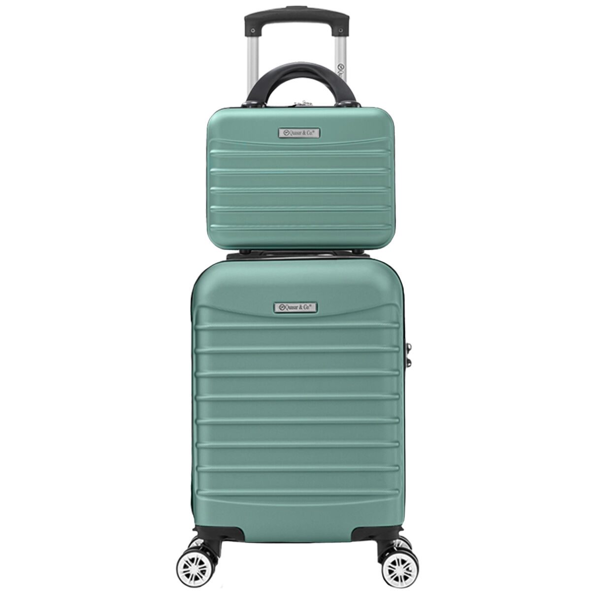 Set troler cabina cu geanta cosmetice Quasar & Co.®, valiza cabina avion, 40x30x20cm/28x22x14cm, 4 roti duble detasabile 360°, bagaj de mana, troller cu fermoar antifurt, cifru, maner telescopic lung, geamantan ABS 2.8 mm, LINE, Turcoaz deschis