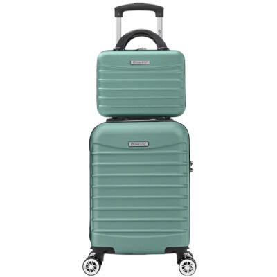 Set troler cabina cu geanta cosmetice Quasar & Co.®, valiza cabina avion, 40x30x20cm/28x22x14cm, 4 roti duble detasabile 360°, bagaj de mana, troller cu fermoar antifurt, cifru, maner telescopic lung, geamantan ABS 2.8 mm, LINE, Turcoaz deschis 11