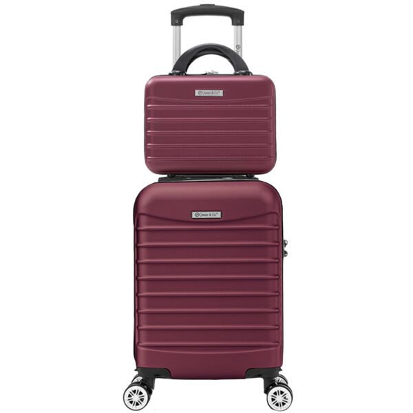 Set troler cabina cu geanta cosmetice Quasar & Co.®, valiza cabina avion, 40x30x20cm/28x22x14cm, 4 roti duble detasabile 360°, bagaj de mana, troller cu fermoar antifurt, cifru, maner telescopic lung, geamantan ABS 2.8 mm, LINE, Visiniu - imagine 1