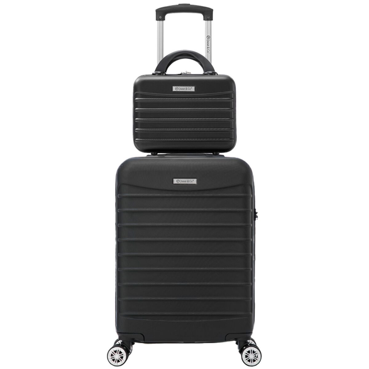 1 Set troler cabina cu geanta cosmetice Quasar & Co.®, valiza cabina avion, 55x36x20/28x22x14cm, 4 roti duble 360°, bagaj de mana, troller cu fermoar antifurt, cifru, maner telescopic lung, geamantan ABS 2.8 mm, LINE, Negru