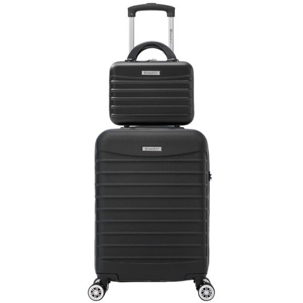 Set troler cabina cu geanta cosmetice Quasar & Co.®, valiza cabina avion, 55x36x20/28x22x14cm, 4 roti duble 360°, bagaj de mana, troller cu fermoar antifurt, cifru, maner telescopic lung, geamantan ABS 2.8 mm, LINE, Negru - imagine 1