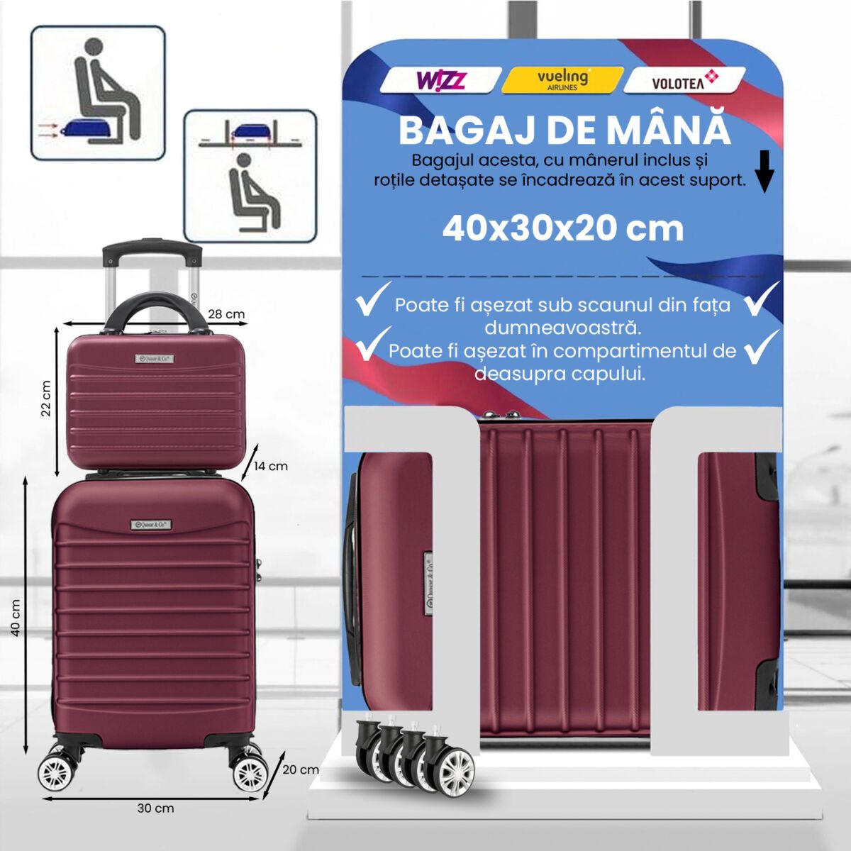 Set troler cabina cu geanta cosmetice Quasar & Co.®, valiza cabina avion, 40x30x20cm/28x22x14cm, 4 roti duble detasabile 360°, bagaj de mana, troller cu fermoar antifurt, cifru, maner telescopic lung, geamantan ABS 2.8 mm, LINE, Visiniu 2 Set troler cabina cu geanta cosmetice Quasar & Co.®, valiza cabina avion, 40x30x20cm/28x22x14cm, 4 roti duble detasabile 360°, bagaj de mana, troller cu fermoar antifurt, cifru, maner telescopic lung, geamantan ABS 2.8 mm, LINE, Visiniu 2