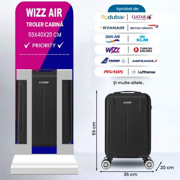 Troler cabina avion Quasar & Co.®, 55x35x20cm, bagaj de mana, troller cu fermoar antifurt, cifru, maner telescopic lung, geamantan cu 4 roti duble silentioase 360°, valiza ABS 2.8 mm, rezistent, 2 compartimente cu buzunar, 10kg, Smart, Negru Trolere cabina 2026-04-18