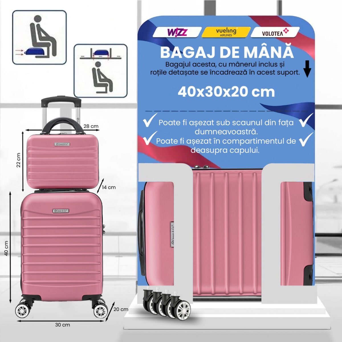 Set troler cabina cu geanta cosmetice Quasar & Co.®, valiza cabina avion, 40x30x20cm/28x22x14cm, 4 roti duble detasabile 360°, bagaj de mana, troller cu fermoar antifurt, cifru, maner telescopic lung, geamantan ABS 2.8 mm, LINE, Roz pudrat 2
