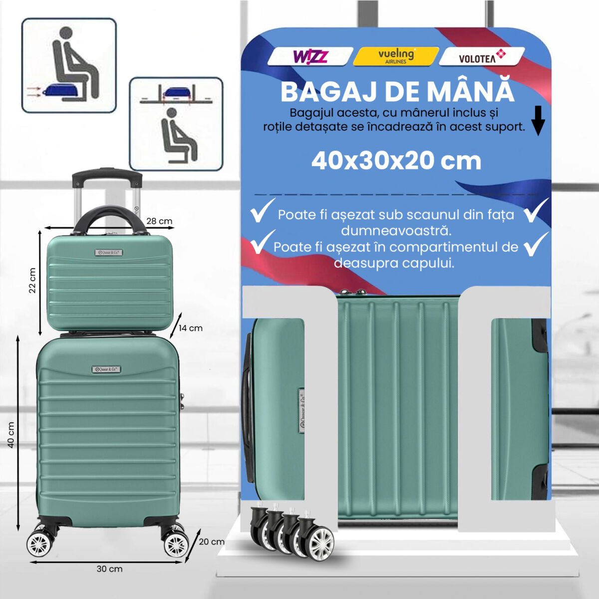 Set troler cabina cu geanta cosmetice Quasar & Co.®, valiza cabina avion, 40x30x20cm/28x22x14cm, 4 roti duble detasabile 360°, bagaj de mana, troller cu fermoar antifurt, cifru, maner telescopic lung, geamantan ABS 2.8 mm, LINE, Turcoaz deschis 2