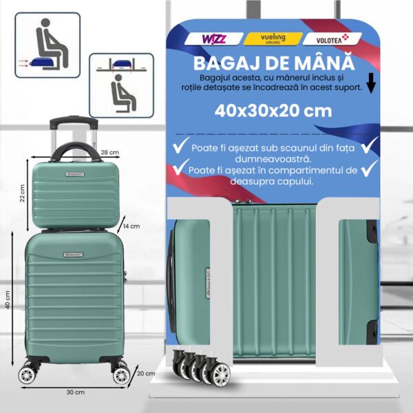 Set troler cabina cu geanta cosmetice Quasar & Co.®, valiza cabina avion, 40x30x20cm/28x22x14cm, 4 roti duble detasabile 360°, bagaj de mana, troller cu fermoar antifurt, cifru, maner telescopic lung, geamantan ABS 2.8 mm, LINE, Turcoaz deschis - imagine 2