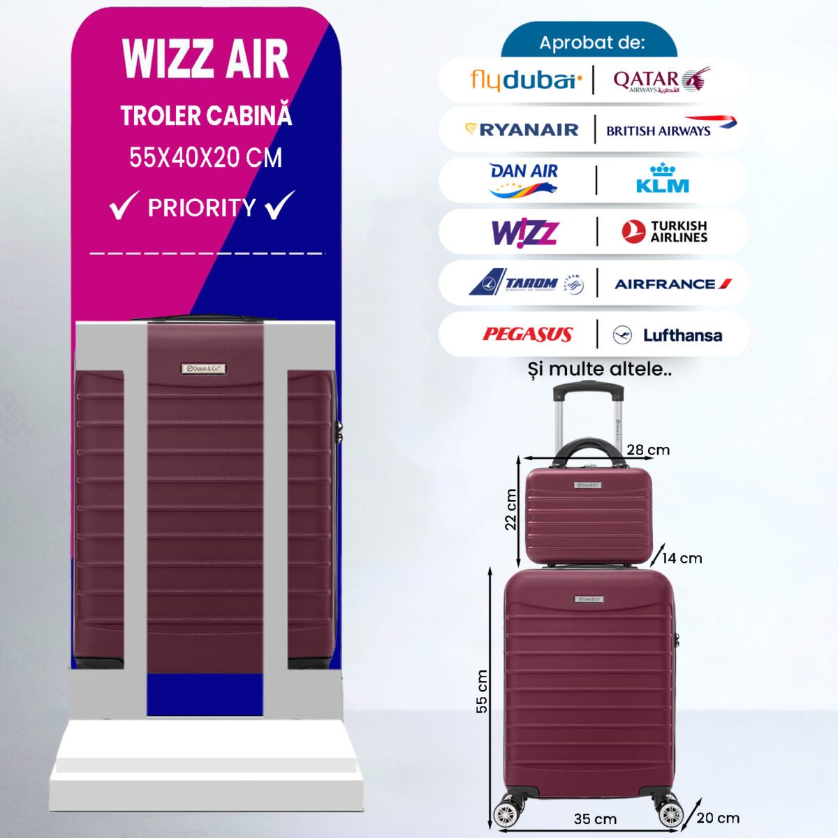 Set troler cabina cu geanta cosmetice Quasar & Co.®, valiza cabina avion, 55x36x20/28x22x14cm, 4 roti duble 360°, bagaj de mana, troller cu fermoar antifurt, cifru, maner telescopic lung, geamantan ABS 2.8 mm, LINE, Visiniu 2 Set troler cabina cu geanta cosmetice Quasar & Co.®, valiza cabina avion, 55x36x20/28x22x14cm, 4 roti duble 360°, bagaj de mana, troller cu fermoar antifurt, cifru, maner telescopic lung, geamantan ABS 2.8 mm, LINE, Visiniu 2