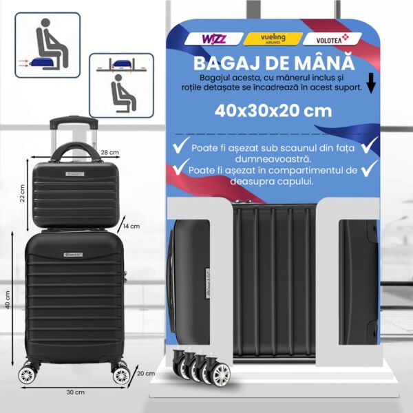 Set troler cabina cu geanta cosmetice Quasar & Co.®, valiza cabina avion, 40x30x20cm/28x22x14cm, 4 roti duble detasabile 360°, bagaj de mana, troller cu fermoar antifurt, cifru, maner telescopic lung, geamantan ABS 2.8 mm, LINE, Negru - imagine 2