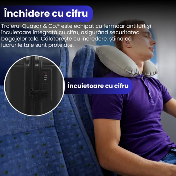 Troler cabina avion Quasar & Co.®, 55x35x20cm, bagaj de mana, troller cu fermoar antifurt, cifru, maner telescopic lung, geamantan cu 4 roti duble silentioase 360°, valiza ABS 2.8 mm, rezistent, 2 compartimente cu buzunar, 10kg, Smart, Negru - imagine 4
