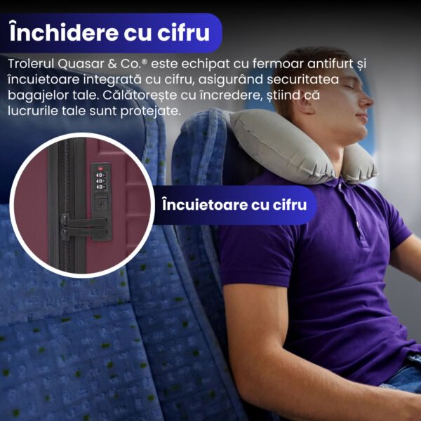 Set troler cabina cu geanta cosmetice Quasar & Co.®, valiza cabina avion, 55x36x20/28x22x14cm, 4 roti duble 360°, bagaj de mana, troller cu fermoar antifurt, cifru, maner telescopic lung, geamantan ABS 2.8 mm, LINE, Visiniu - imagine 4