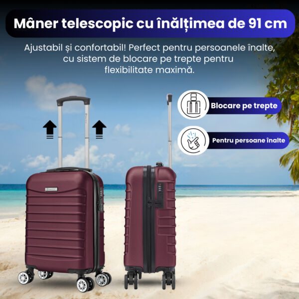 Set troler cabina cu geanta cosmetice Quasar & Co.®, valiza cabina avion, 40x30x20cm/28x22x14cm, 4 roti duble detasabile 360°, bagaj de mana, troller cu fermoar antifurt, cifru, maner telescopic lung, geamantan ABS 2.8 mm, LINE, Visiniu - imagine 5