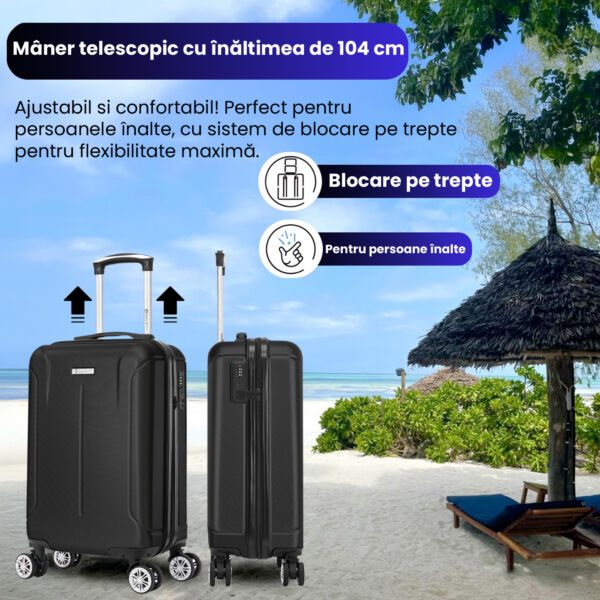 Troler cabina avion Quasar & Co.®, 55x35x20cm, bagaj de mana, troller cu fermoar antifurt, cifru, maner telescopic lung, geamantan cu 4 roti duble silentioase 360°, valiza ABS 2.8 mm, rezistent, 2 compartimente cu buzunar, 10kg, Smart, Negru - imagine 5